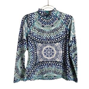 Garnet Hill Rash Guard Women L Blue Mandala Long Sleeve Swim Beach Coastal